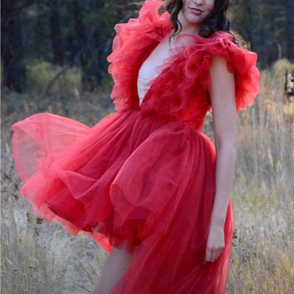 Custom Red Tulle Extended Train Dress - Size 4 - Picture 2 of 2